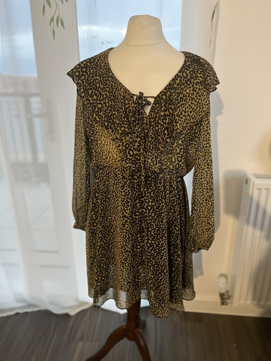 Womens Topshop Ruffle Front Loepard Print Mini Tea Dress in Yellow