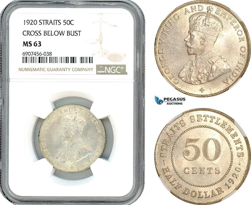 AK188, Straits Settlements, George V, 50 Cents 1920, Cross below bust, NGC MS63