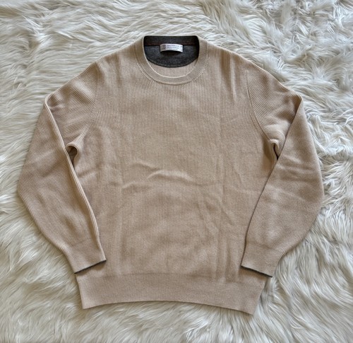 Maglione pullover Brunello Cucinelli 100% cashmere maglia a costine beige 52