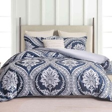 Boho Duvet Cover Set Queen Size, Navy Blue White Floral Damask Print Pattern,...