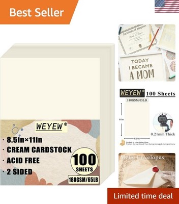 100 Sheets 65lb Cream Cardstock, 8.5'' x 11'', Printer Off-White Paper for DIY ...