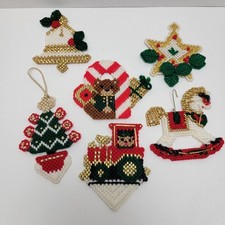 Lot of 6 Vintage Handmade Needlepoint Plastic Canvas Christmas Ornaments