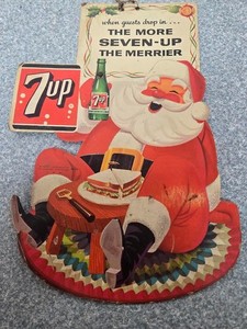 7-UP VINTAGE 1960'S HANGING DISPLAY SANTA SIGN RARE 8 X 10 3/4
