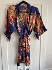 Floral Satin Kimono Robe Small Boho Satin Inky Purple W Bright Blooms Romantic S