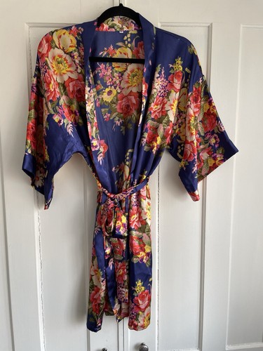 Floral Satin Kimono Robe Small Boho Satin Inky Purple W Bright Blooms Romantic S