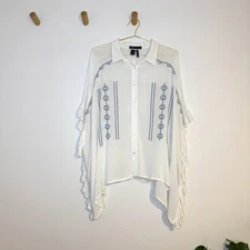 FDJ French Dressing Jeans Embroidered Boho White Metallic Ruffle Blouse Size XXL