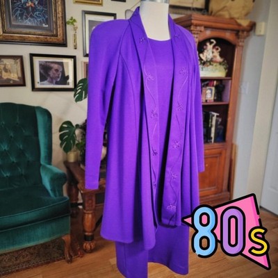 Berg-Ray Frocks Dress Jacket Set Purple Vintage 80s Womens 12 Retro Power Suit