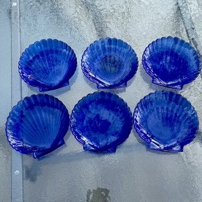 VTG Arcoroc France Coquillage Cobalt Blue Glass Sea Shell Tidbit Plate Set Of 6