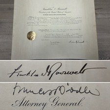 1943 Franklin Roosevelt & Francis Biddle Appointment Attorney Eastern WA DOJ JSA
