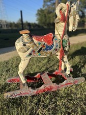 VTG Carved Wood Horse Carousel Mid Century Folk Art Jeweled Painted India