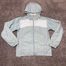 Columbia White Blue Hooded Front Zip Windbreaker Rain Jacket YOUTH size 14/16
