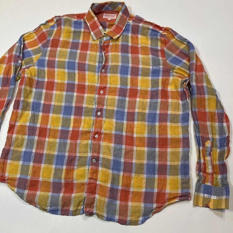 Inserch Linen Shirt Mens Size 3XL Long Sleeve Orange Plaid Button Up - Image 2 of 4