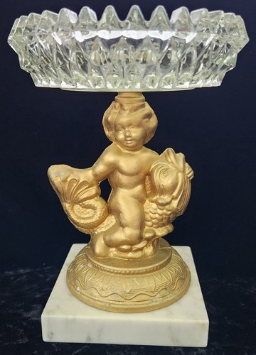 Vintage Crystal Compote with Brass Cherub & Fish Italian Marble Base Candy Dish 