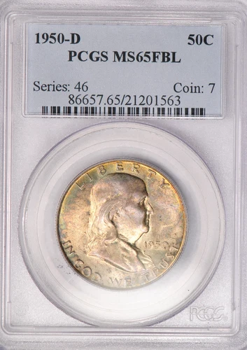 1950 D TONED Franklin Half Dollar PCGS MS 65 FBL SEE VIDEO Toning Coin 50C