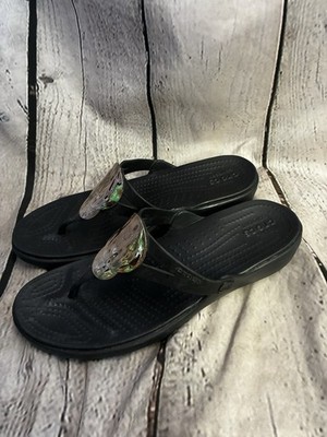 Crocs Sanrah Hammered Metal Circle Wedge Flip Sandal Black/Silver Women's Sz 11