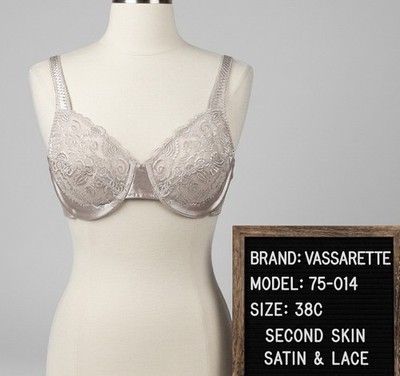 Vintage Vassarette 75-014 Second Skin Satin Embroidered Lace Underwire Bra 38C