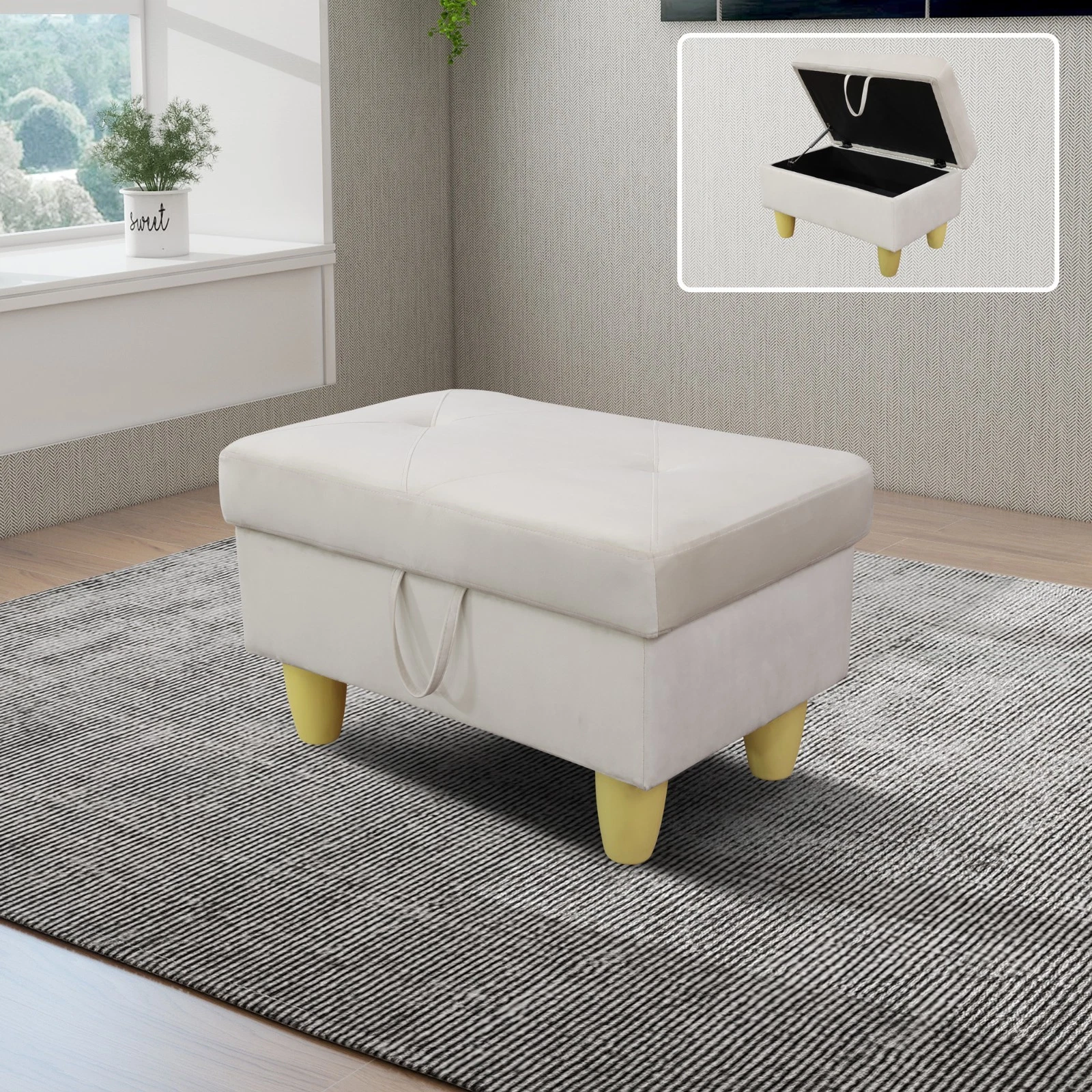 28.5" White Flannel Living Room Sofa Set Ottoman