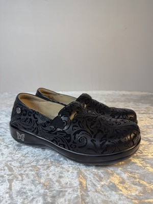 Alegria KEL-431 Black Floral Tooled Leather Comfort Slip On Shoes EU 38