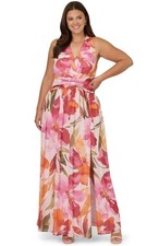 Adrianna Papell Plus Size Floral Chiffon Ring Gown- Pink Orange, Size-14W