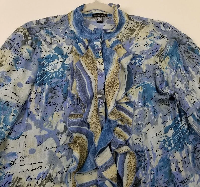 Camisa de piano abotonada para mujer palabras grandes volantes abstractos mangas 3/4 top artístico Foto 2 de 4