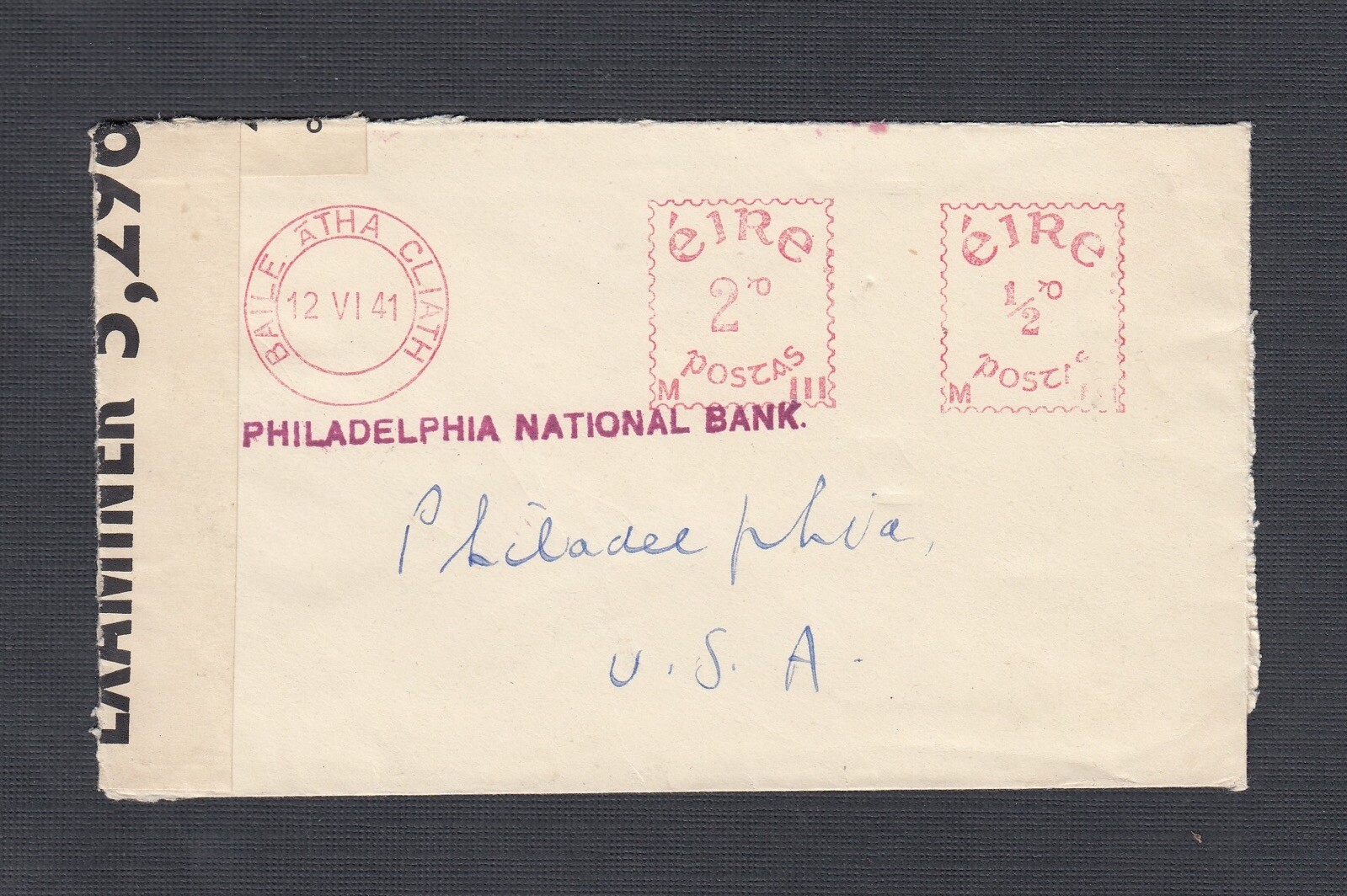 IRELAND 1941 WWII CENSORED METER COVER DUBLIN TO PHILADELPHIA