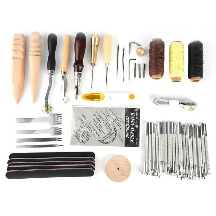 Kit travail du cuir 59pcs avec outils en acier carbone pour maroquinerie durable