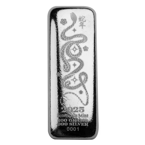 2025 Lunar Year of the Snake 100 gram 3.215 oz .999 FINE silver Bar Scottsdale