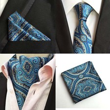 Mens Stylish Blue Yellow Floral Necktie Ascot Cravat Pocket Square Set Lot
