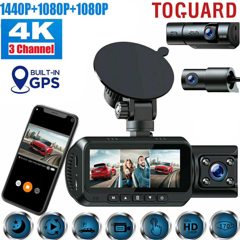 TOGUARD 3CH 4K Dual GPS Dash Cam with IR Night Vision and Parking Mode