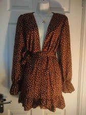 Nasty Gal Brown Polkadot Dress Size UK 12 Deep Cleavage Spring summer Holiday
