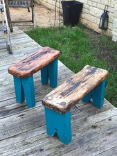 Vintage Rustic Wooden Bench - Wooden Stools Blue Legs 1950-60s’