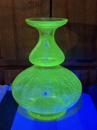 Vintage Uranium UV Crackle Glass Vase 8.5” Blenko Style