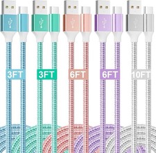 5 Pack 3/3/6/6/10FT 3.1A Colored Nylon Braided Type c Charger Fast Charging