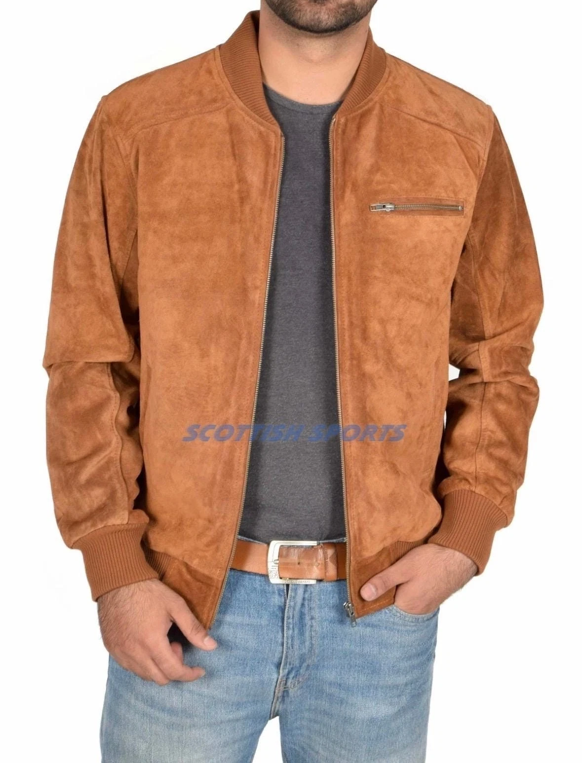 Mens Genuine TAN Suede Bomber Jacket Leather Sports Varsity Baseball Casual Coat