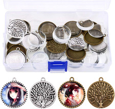 40Pcs  20Pcs round Tree Bezel Pendant Trays Kit with 20Pcs Glass Cabochon Clear