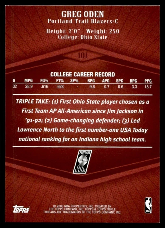 2007-08 Topps Triple Threads RED Greg Oden Rookie 90/99 Blazers #101 A1 - Image 2 of 2