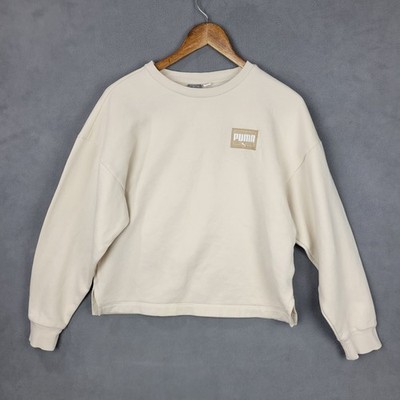 Puma Sweatshirt Women Small Beige Fleece Lined Relaxed Fit Logo Ribbed Side Slit