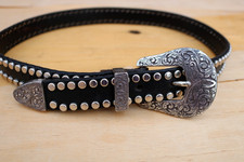 Vtg Womens Western Studded Leather Belt Sz 28 Black Silver Metal Buckle USA Made