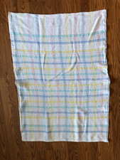 Vintage 80s Beacon Pastel Plaid Knit Waffle Weave Baby Blanket USA 100 Cotton