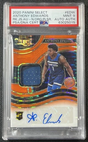 ANTHONY EDWARDS PSA 9 2020 PANINI SELECT ROOKIE PATCH AUTO NEON ORANGE PRIZM /30