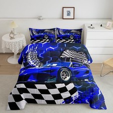 Toddler Race Car Bed for Boys,Blue Neon Lights Honeycomb Bedding Set Cool Spo...