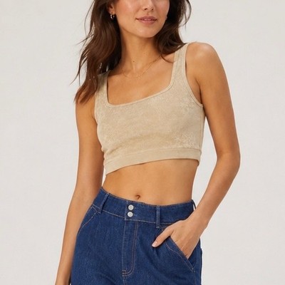 KULE Zelda Crop Terry Velour Tank Women Medium Beige Lounge Cozy Soft Top