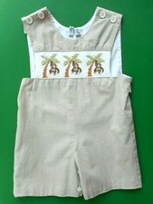 Boys Orient Expressed Smocked Beige Monkeys Zoo Portrait Shortall Sz 1