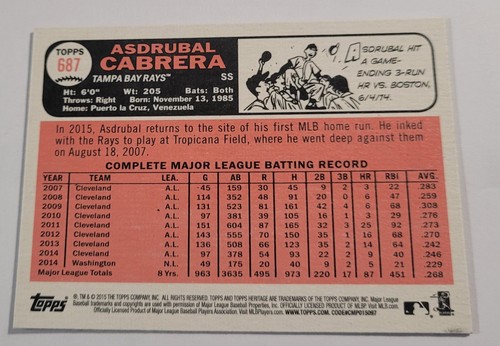 2015 Topps Heritage Chrome Purple Refractors #THC687 Asdrubal Cabrera Rays - Picture 2 of 2