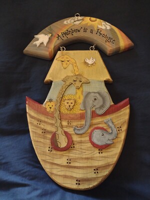 Noah s Ark Wood Sign Plaque Rainbow is a Promise Animals Vtg 1998 Shine Co