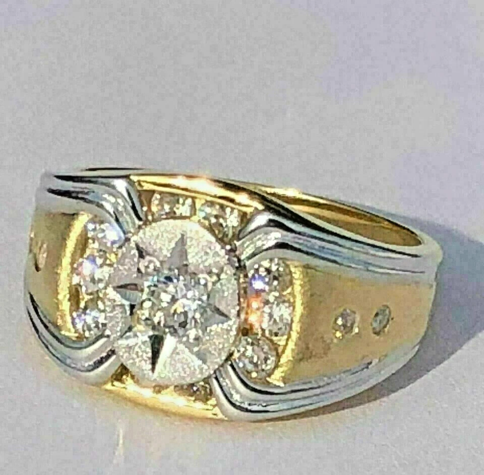 Anel de noivado masculino vintage de moissanita corte redondo folheado a ouro amarelo 18K 1,20 ct - Imagem 3 de 4