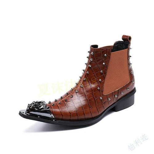 Stivali uomo invernali moda metallo testa a punta rivetto chukka casual pelle - Foto 6 di 12