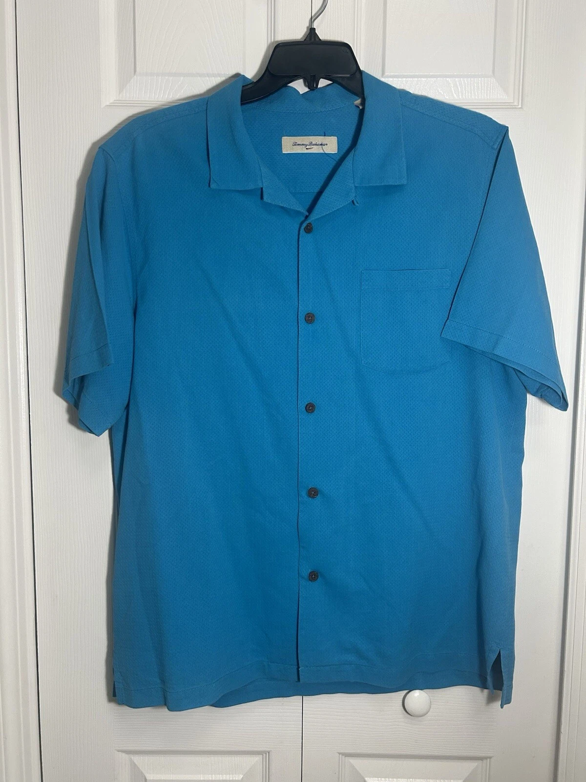Tommy Bahama Mens XL Blue Short Sleeve Full Button Up 70% Silk Shirt