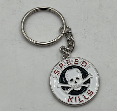 SPEED KILLS VTG STYLE SIGN Keychain Skull Crossbones Metal Enamel Biker Rat Rod