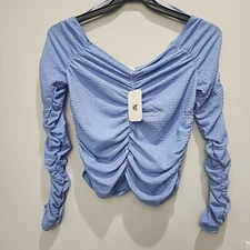 Elodie Ruched Long Sleeve Top Size Large Light Blue Stretch V-Neck Blouse